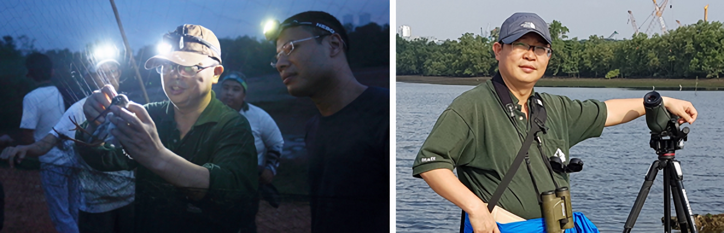 Two photos: left shows men with headlamps examining a small bird at night; right shows a man with binoculars and tripod by a river.
